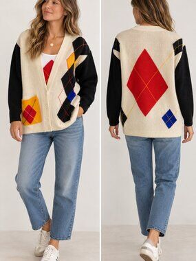 Vintage 1991 I.B. Diffusion Sport Argyle Lambswool Angora Cardigan Small